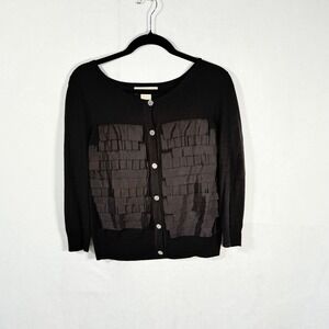 Michael Kors Black Ruffle Front Button Cardigan Sweater sz small minimalist posh